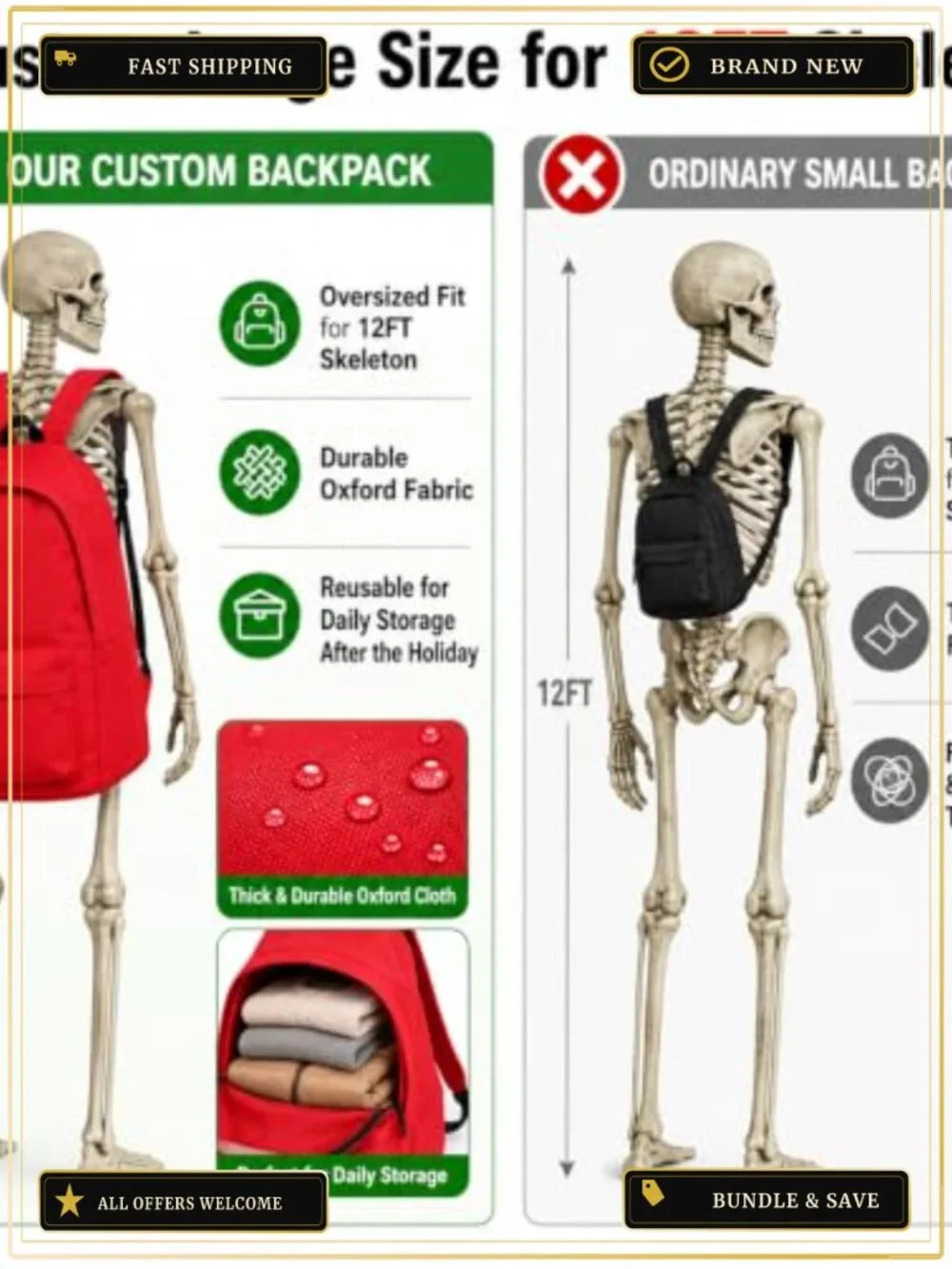 12FT Skeleton Back to School Outfit, Giant Halloween Costume Accessories with